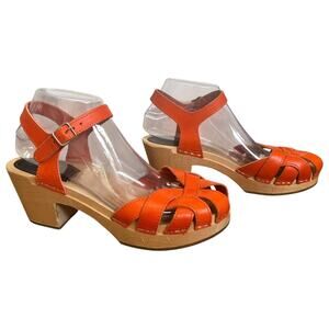 Swedish Hasbeens Orange Sandals Womens Size 9 Wooden 2.5 inch heel Retro 70s